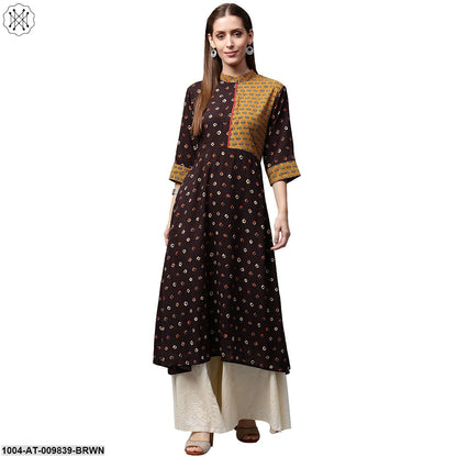 Coffee Brown Printed 3/4Th Sleeve Rayon A-Line Kurta