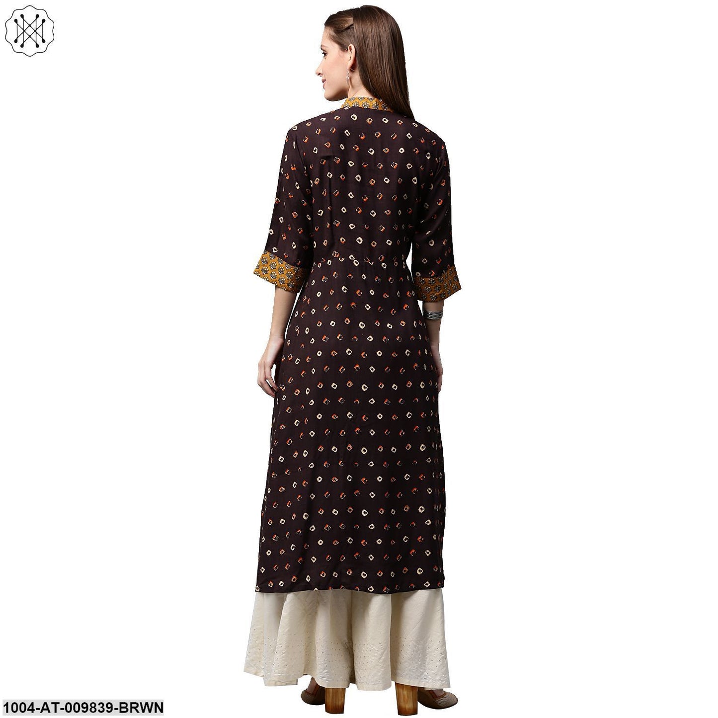 Coffee Brown Printed 3/4Th Sleeve Rayon A-Line Kurta