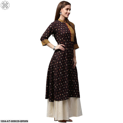 Coffee Brown Printed 3/4Th Sleeve Rayon A-Line Kurta