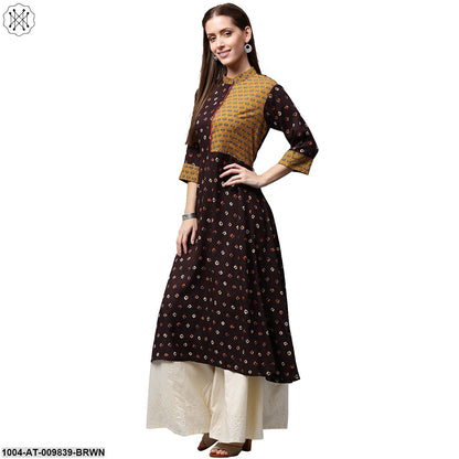 Coffee Brown Printed 3/4Th Sleeve Rayon A-Line Kurta