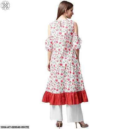 White Flower Printed Half Sleeve Cold Shoulder Cotton A-Line Kurta