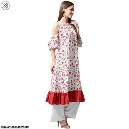 White Flower Printed Half Sleeve Cold Shoulder Cotton A-Line Kurta
