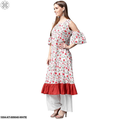 White Flower Printed Half Sleeve Cold Shoulder Cotton A-Line Kurta