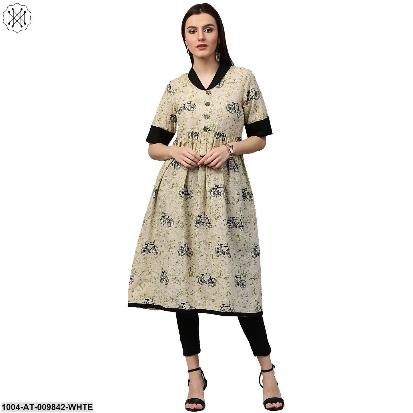 White Cycle Printed Half Sleeve Cotton Anarkali Kurta
