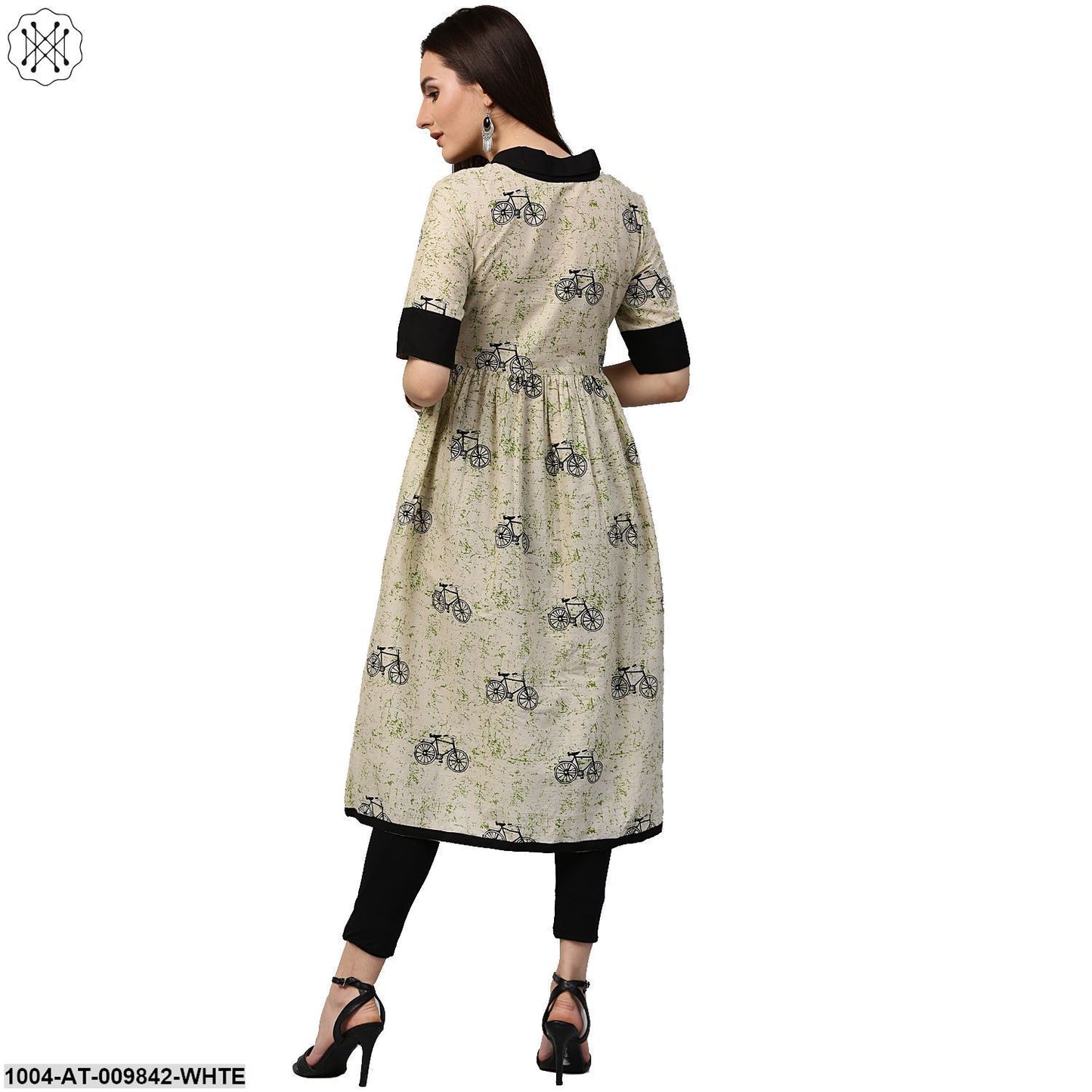 White Cycle Printed Half Sleeve Cotton Anarkali Kurta
