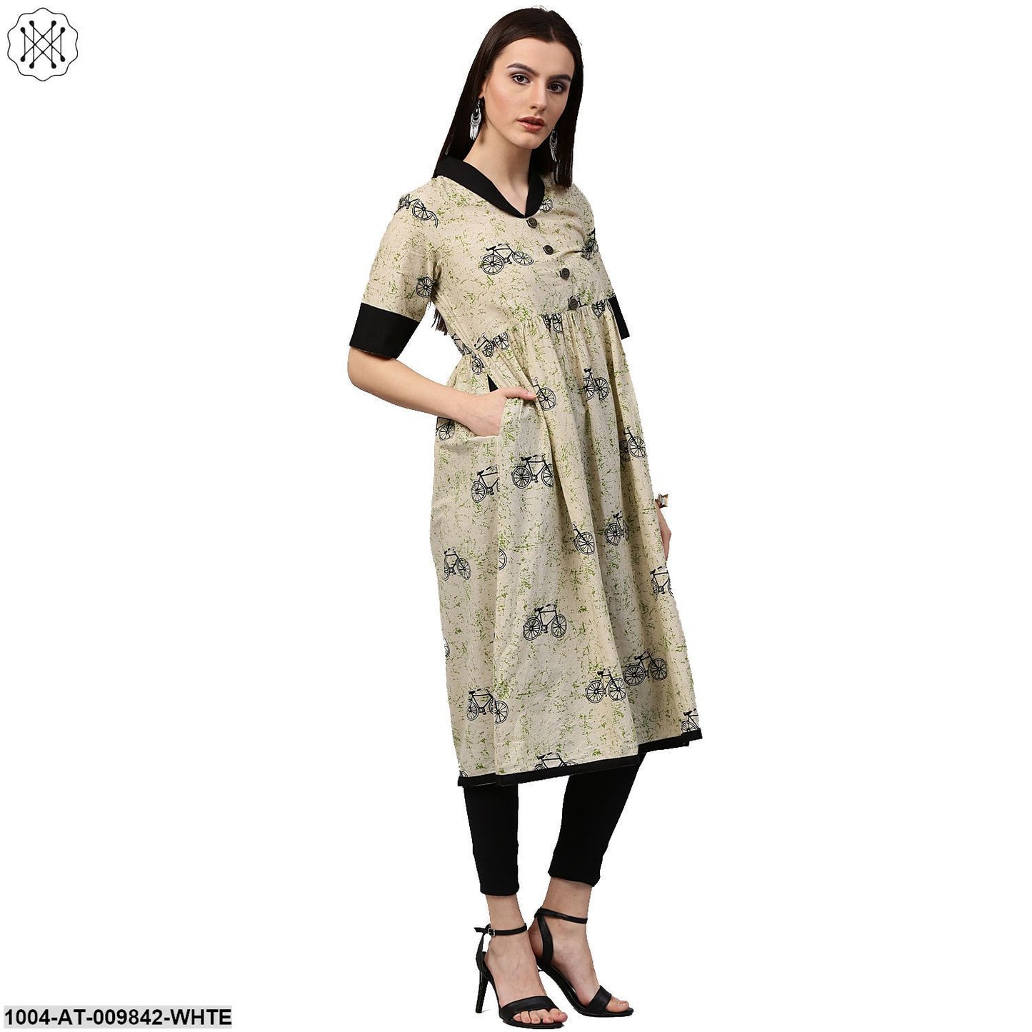 White Cycle Printed Half Sleeve Cotton Anarkali Kurta