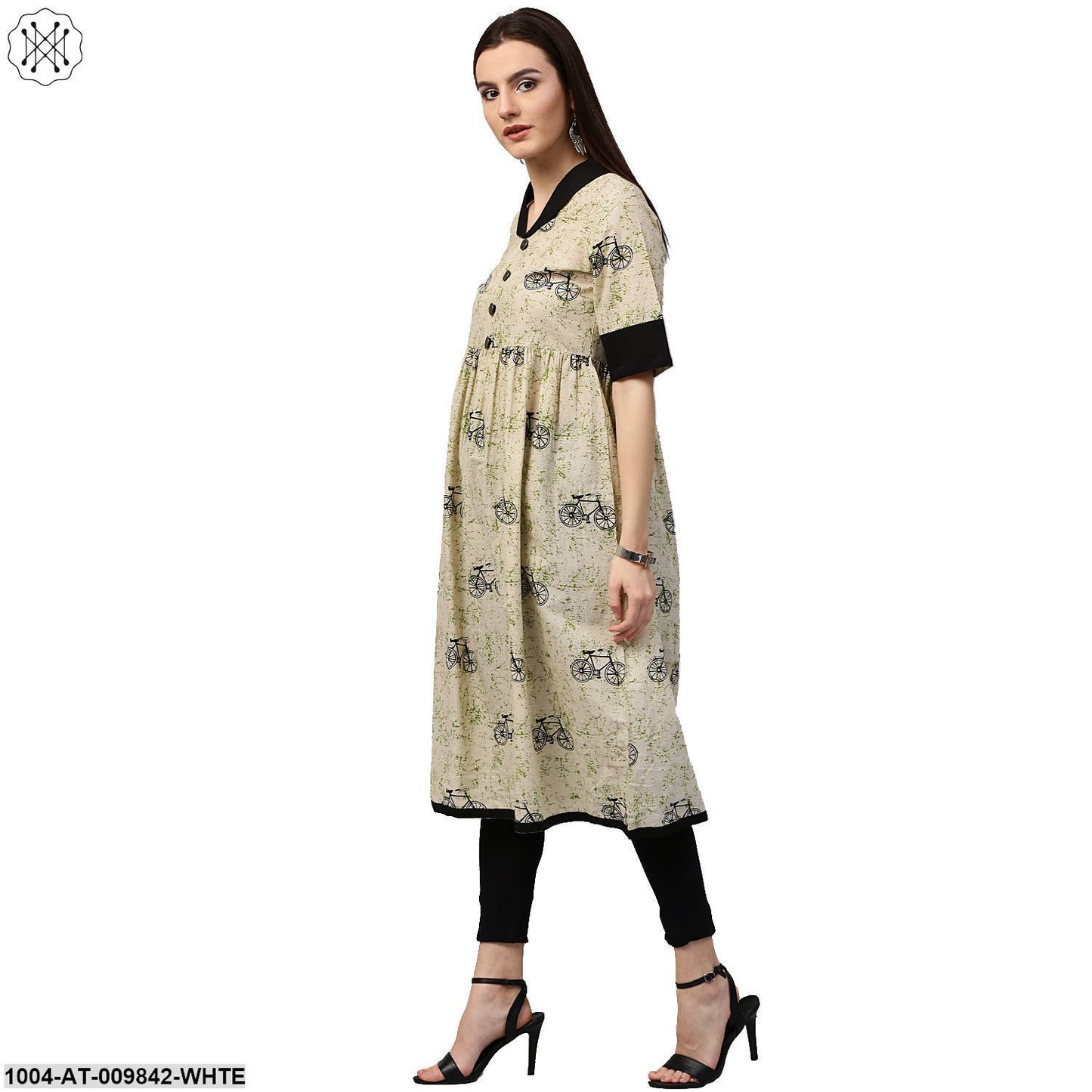 White Cycle Printed Half Sleeve Cotton Anarkali Kurta