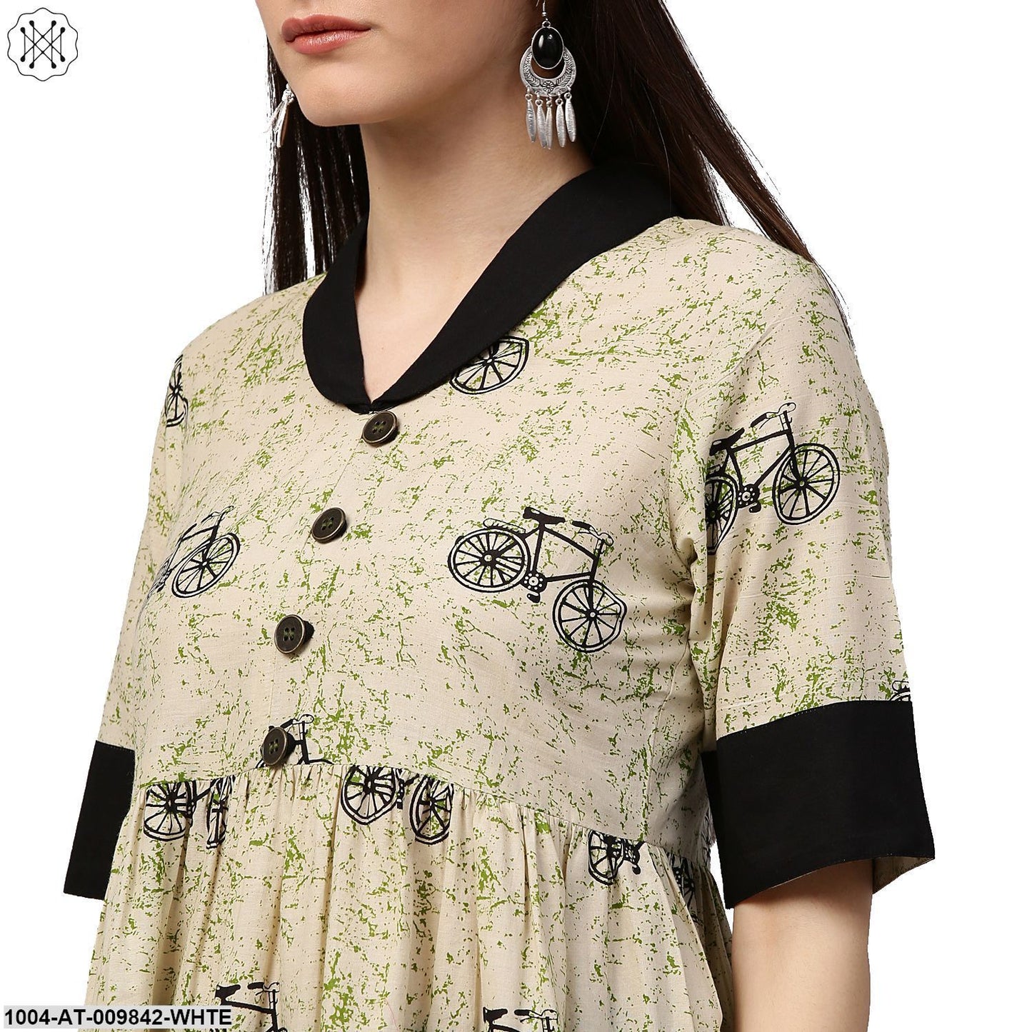White Cycle Printed Half Sleeve Cotton Anarkali Kurta