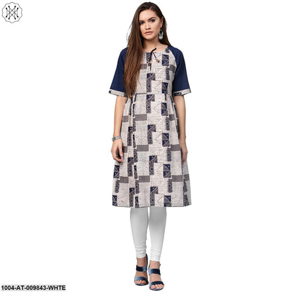White Printed Half Sleeve Cotton A-Line Kurta With Dori Work At Neck