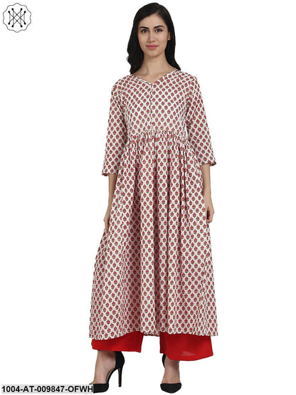 Off White Printed 3/4Th Sleeve Cotton Anarkali Kurta