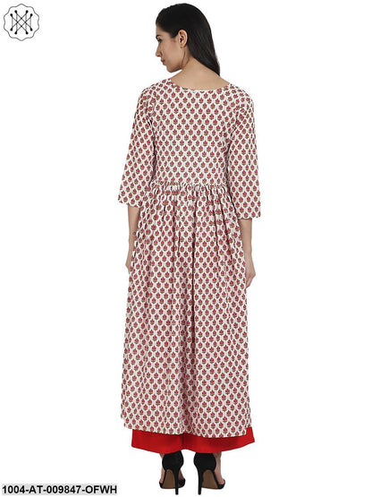 Off White Printed 3/4Th Sleeve Cotton Anarkali Kurta