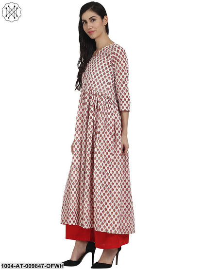 Off White Printed 3/4Th Sleeve Cotton Anarkali Kurta