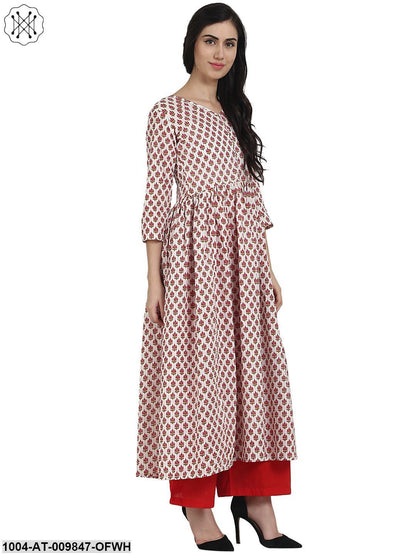 Off White Printed 3/4Th Sleeve Cotton Anarkali Kurta