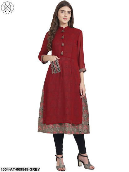 Maroon 3/4Th Sleeve Cotton A-Line Kurta With Maroon Georgette Layer