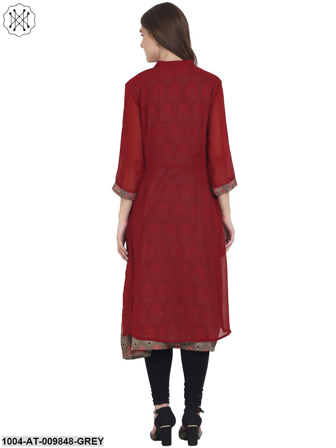 Maroon 3/4Th Sleeve Cotton A-Line Kurta With Maroon Georgette Layer