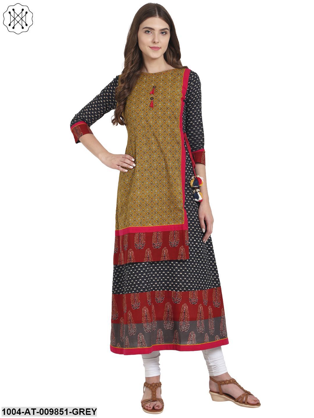 Grey Cotton A-Line Kurta With Yellow Printed Layer