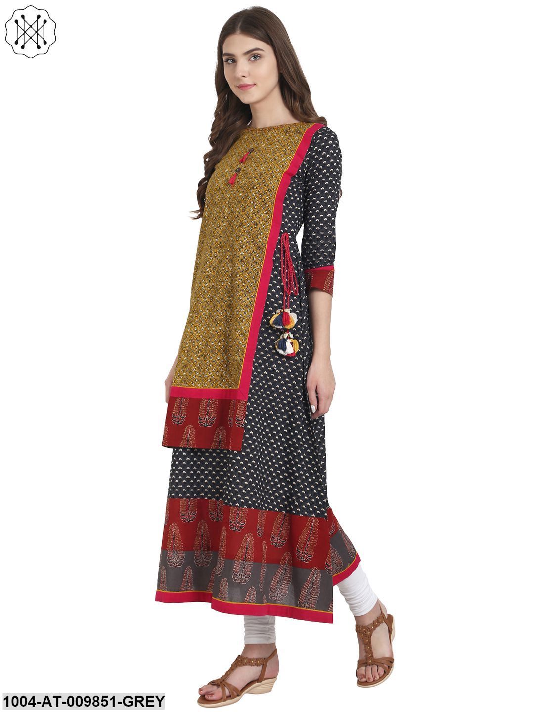 Grey Cotton A-Line Kurta With Yellow Printed Layer