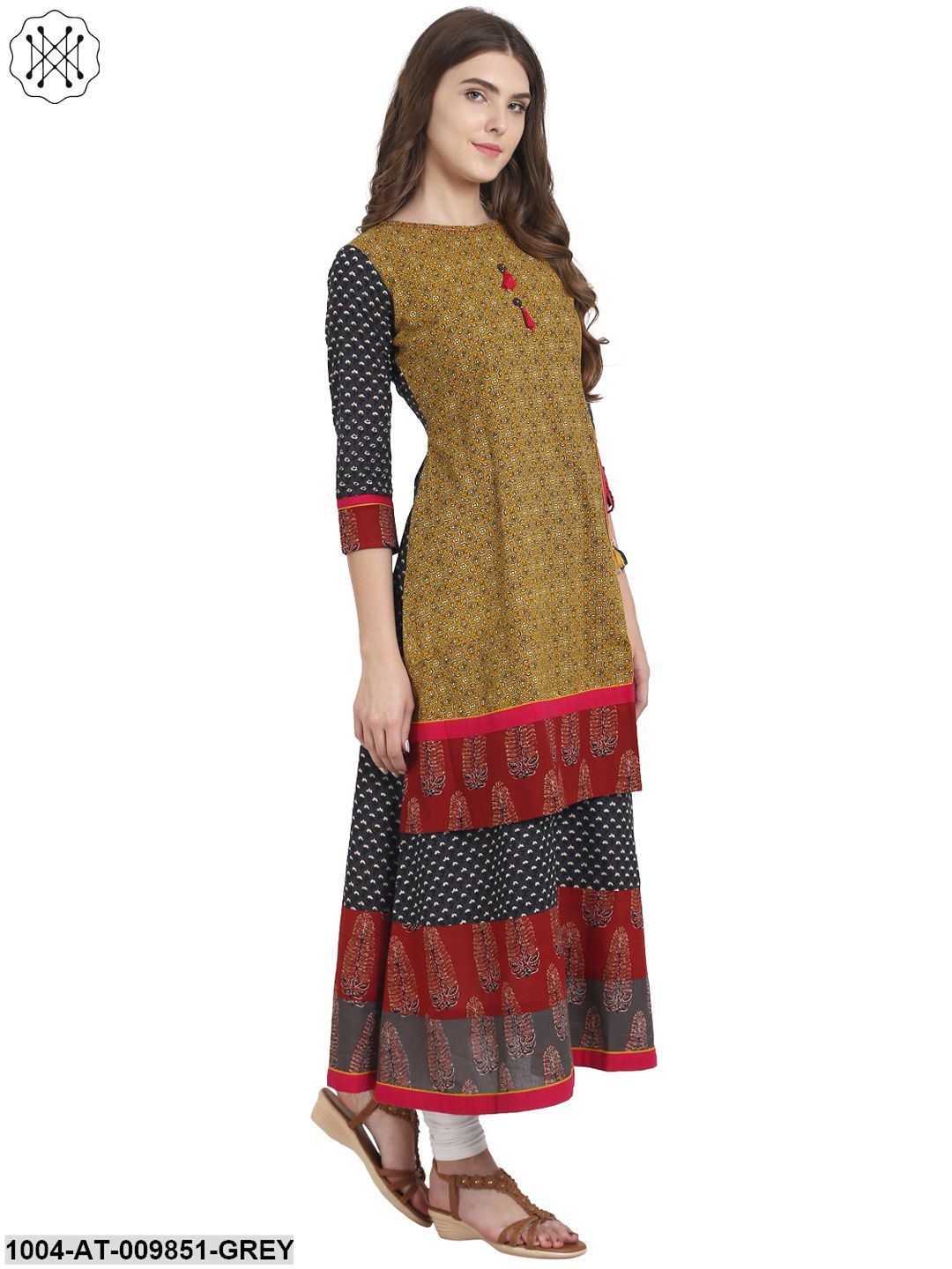 Grey Cotton A-Line Kurta With Yellow Printed Layer