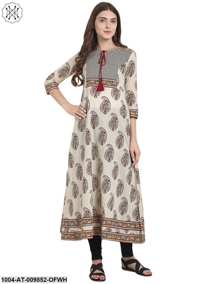 Beige Printed 3/4Th Sleeve Cotton A-Line Kurta