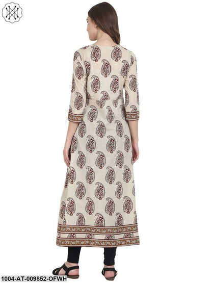 Beige Printed 3/4Th Sleeve Cotton A-Line Kurta