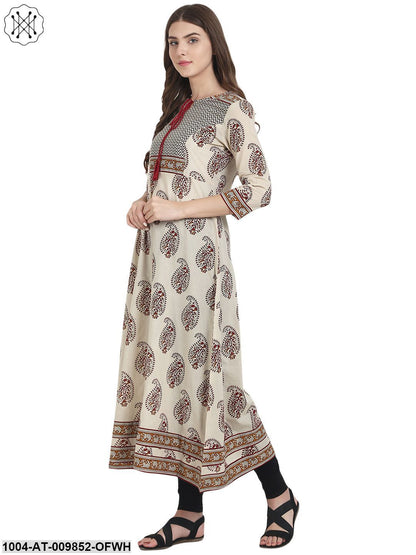 Beige Printed 3/4Th Sleeve Cotton A-Line Kurta