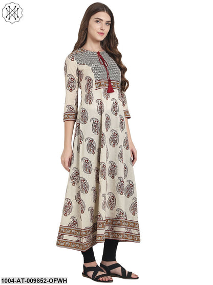 Beige Printed 3/4Th Sleeve Cotton A-Line Kurta