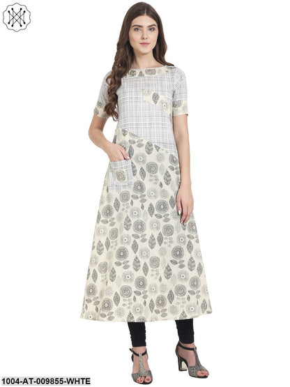 White Printed Half Sleeve Cotton A-Line Kurta