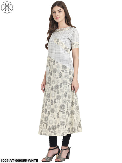 White Printed Half Sleeve Cotton A-Line Kurta