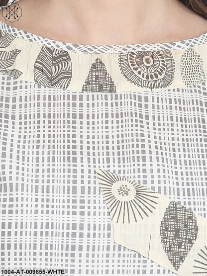 White Printed Half Sleeve Cotton A-Line Kurta