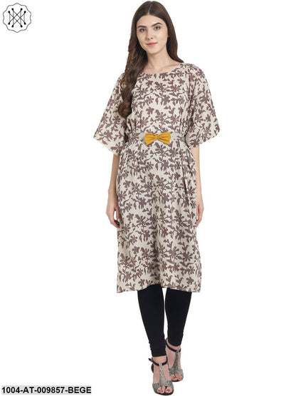 Beige & Brown Printed Half Sleeve Cotton Kurta