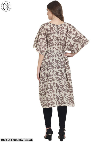 Beige & Brown Printed Half Sleeve Cotton Kurta