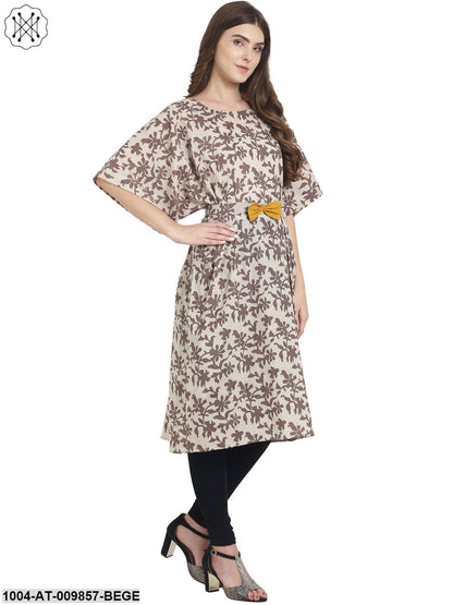 Beige & Brown Printed Half Sleeve Cotton Kurta
