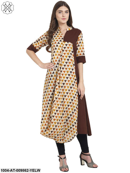 Yellow Half Sleeve Cotton Half A-Line Cowl Draped Kurta