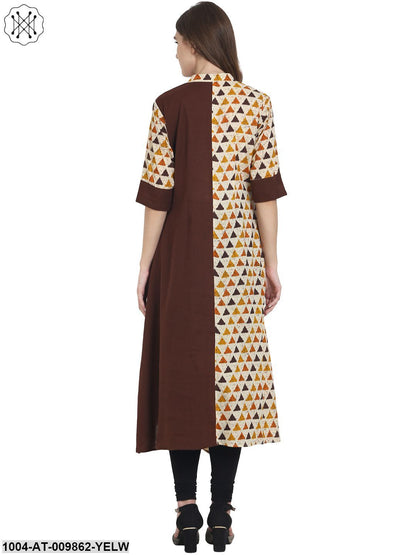 Yellow Half Sleeve Cotton Half A-Line Cowl Draped Kurta