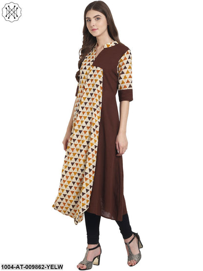 Yellow Half Sleeve Cotton Half A-Line Cowl Draped Kurta