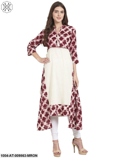 Maroon Printed 3/4Th Sleeve Cotton A-Line Kurta