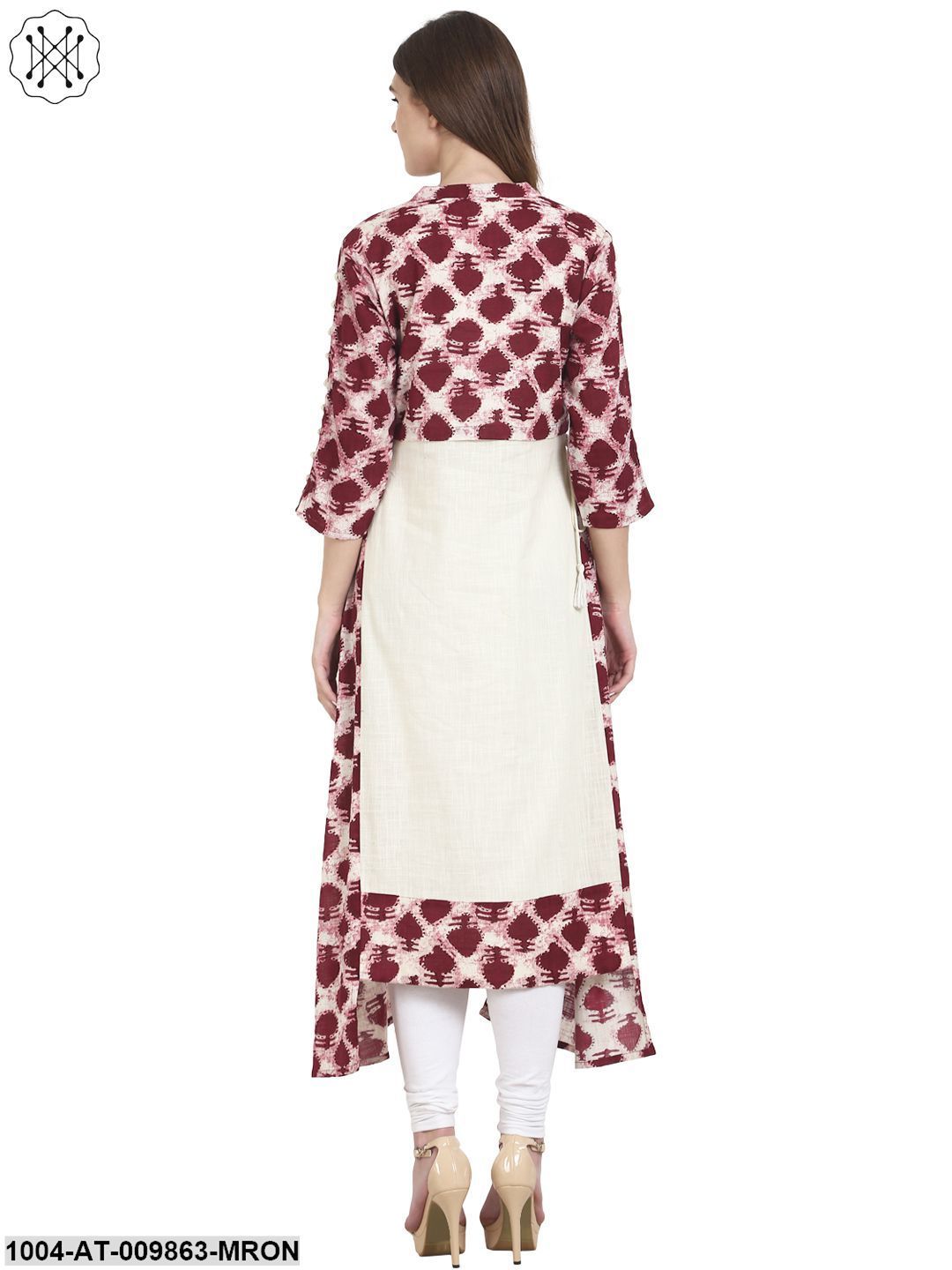 Maroon Printed 3/4Th Sleeve Cotton A-Line Kurta