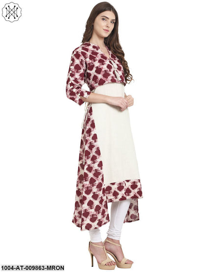 Maroon Printed 3/4Th Sleeve Cotton A-Line Kurta