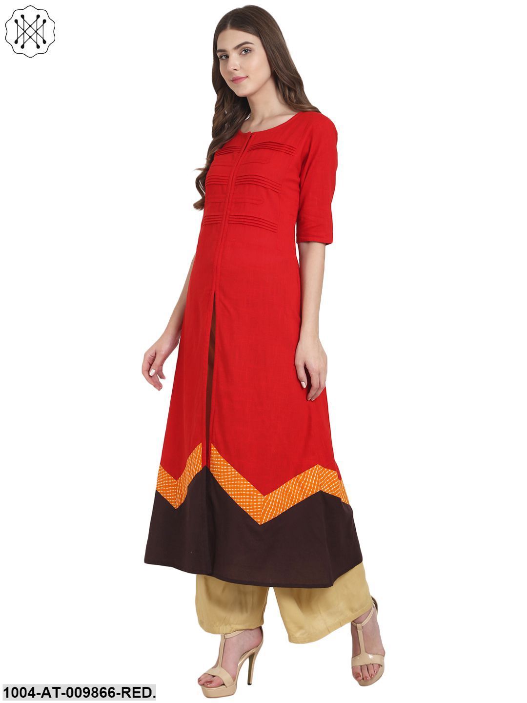 Red Half Sleeve Cotton A-Line Front Slit Kurta