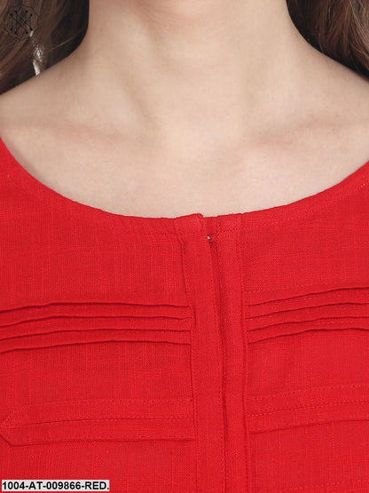 Red Half Sleeve Cotton A-Line Front Slit Kurta
