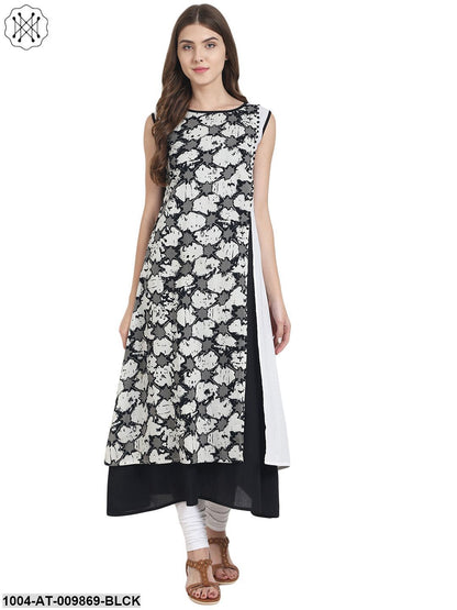 Black Sleevless Cotton A-Line Kurta With Printed Layer