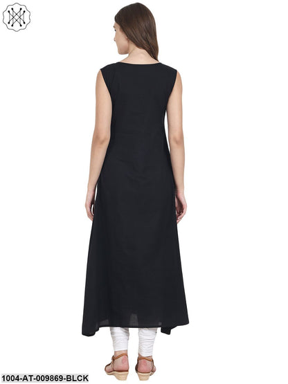 Black Sleevless Cotton A-Line Kurta With Printed Layer