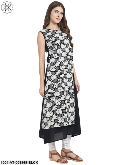 Black Sleevless Cotton A-Line Kurta With Printed Layer