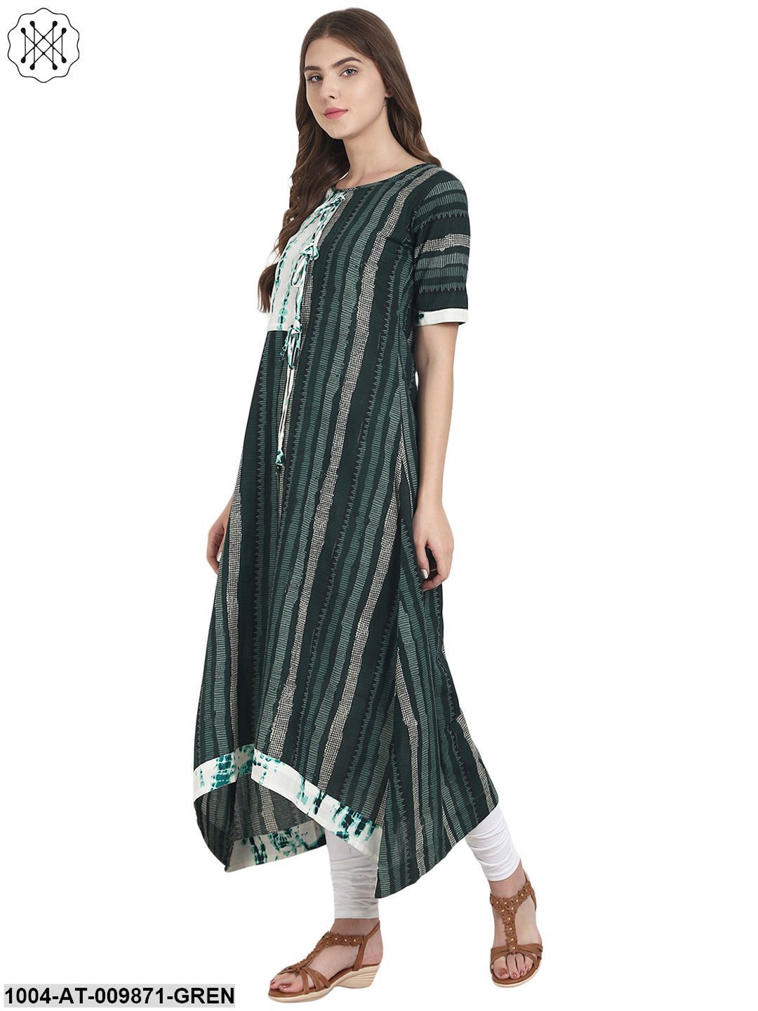 Green Printed Half Sleeve Cotton A-Line Kurta