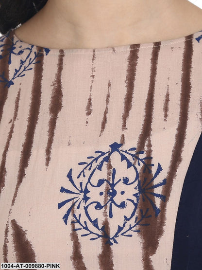 Nude Printed Half Sleeve Cotton Front Slit Floor Length Double Layer Kurta