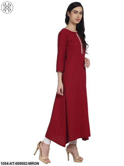 Maroon 3/4Th Sleeve Cotton A-Line Kurta