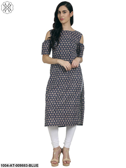 Blue Printed Cold Shoulder Half Sleeve Cotton Kurta