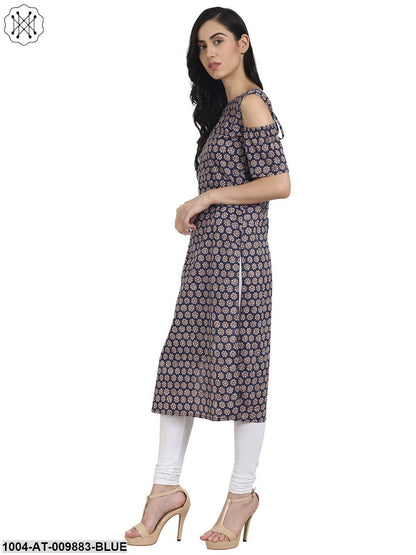 Blue Printed Cold Shoulder Half Sleeve Cotton Kurta