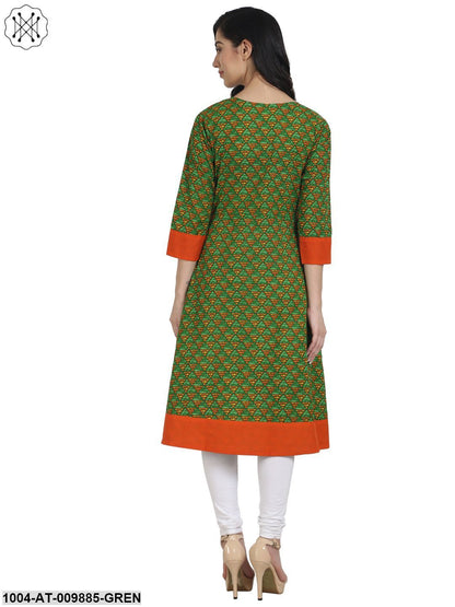 Green Printed 3/4Th Sleeve A-Line Kurta With Side Cut