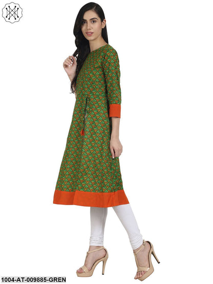 Green Printed 3/4Th Sleeve A-Line Kurta With Side Cut
